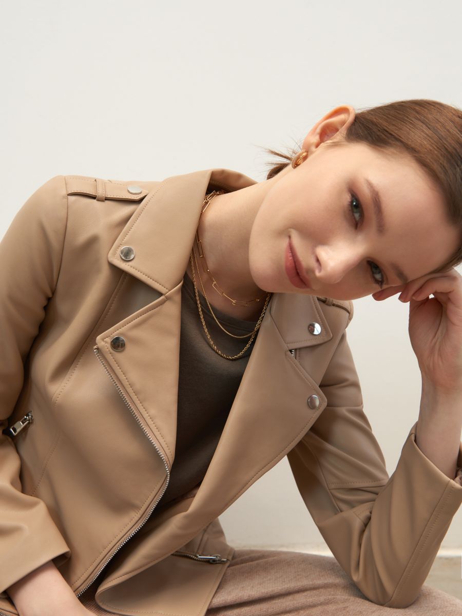 beige faux leather biker jacket