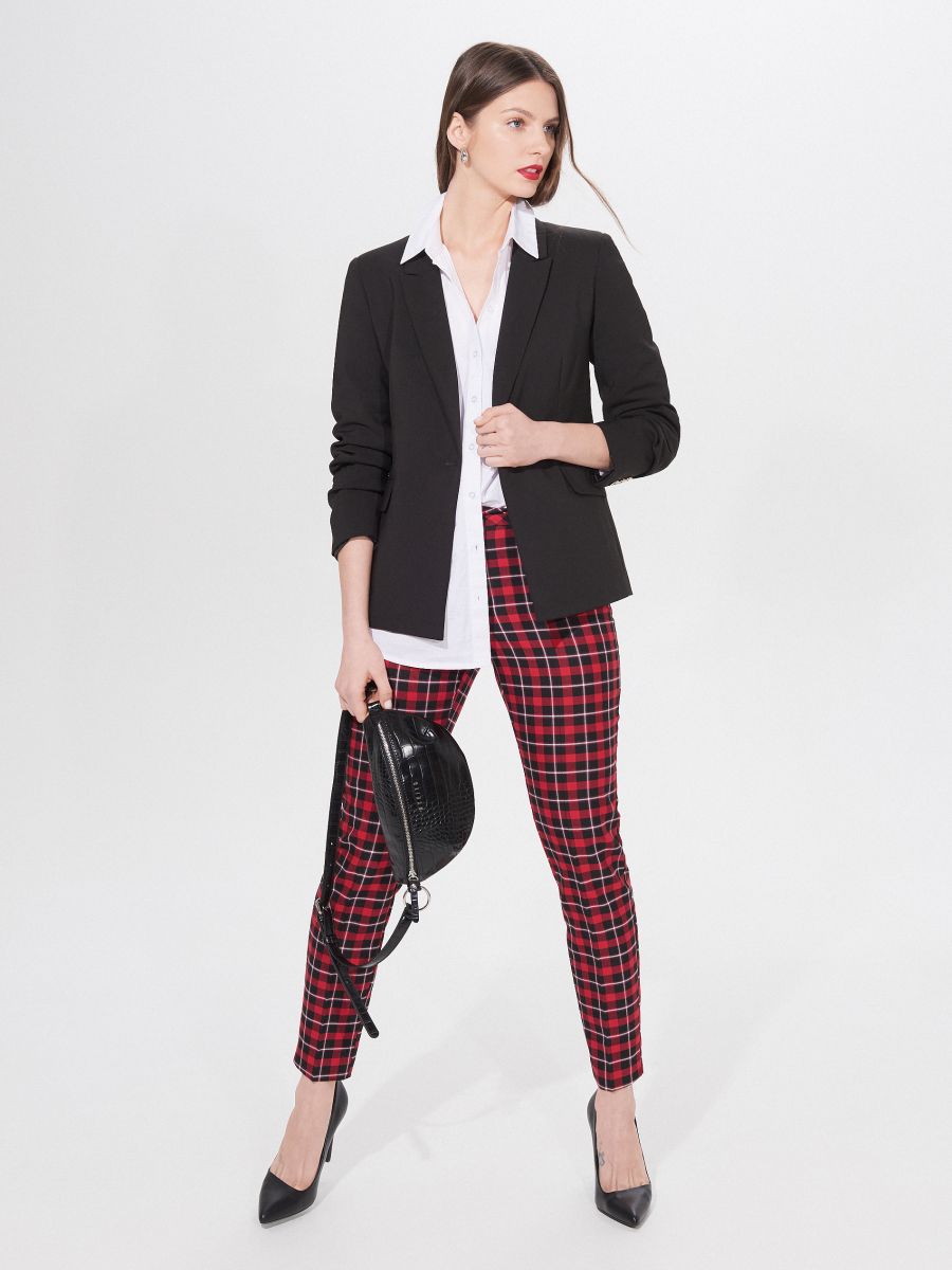 red tartan cigarette trousers