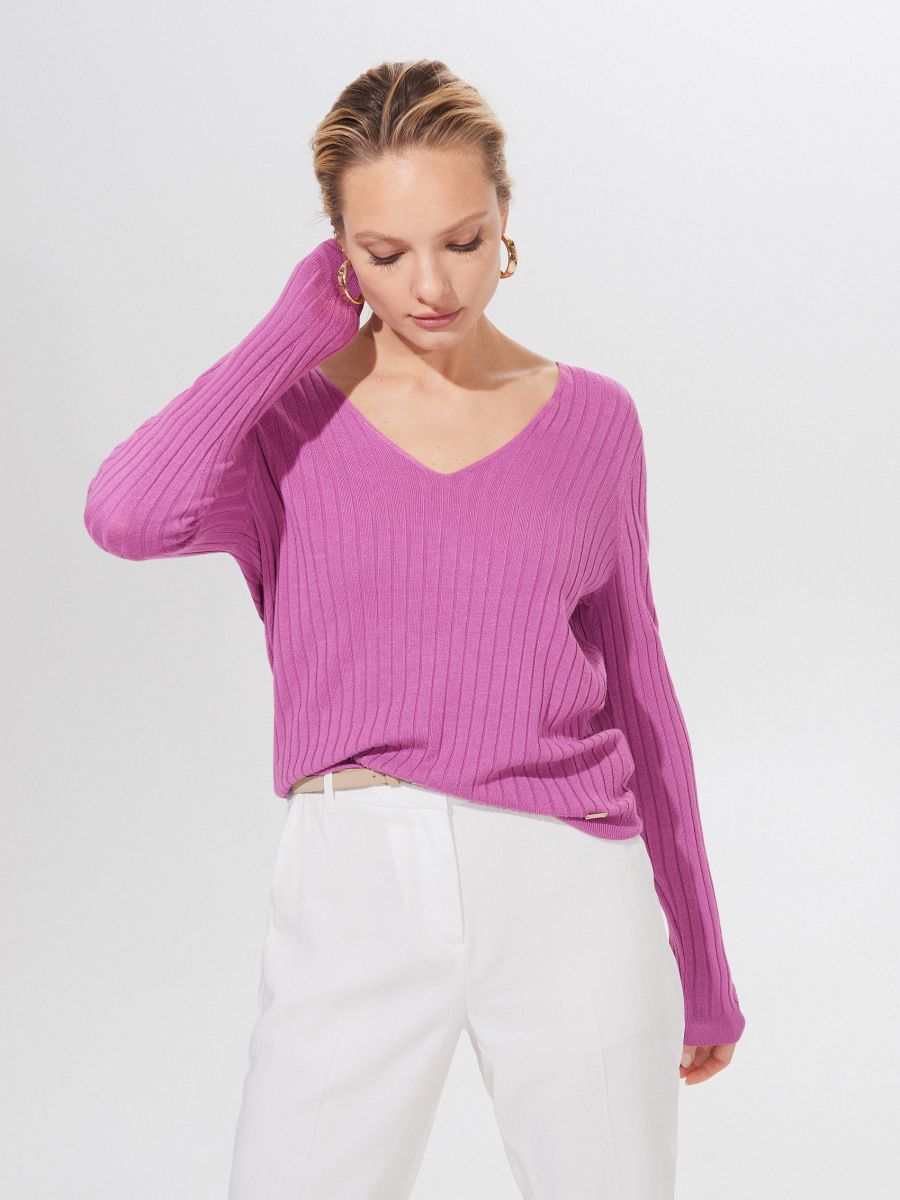 pink and purple striped sweater